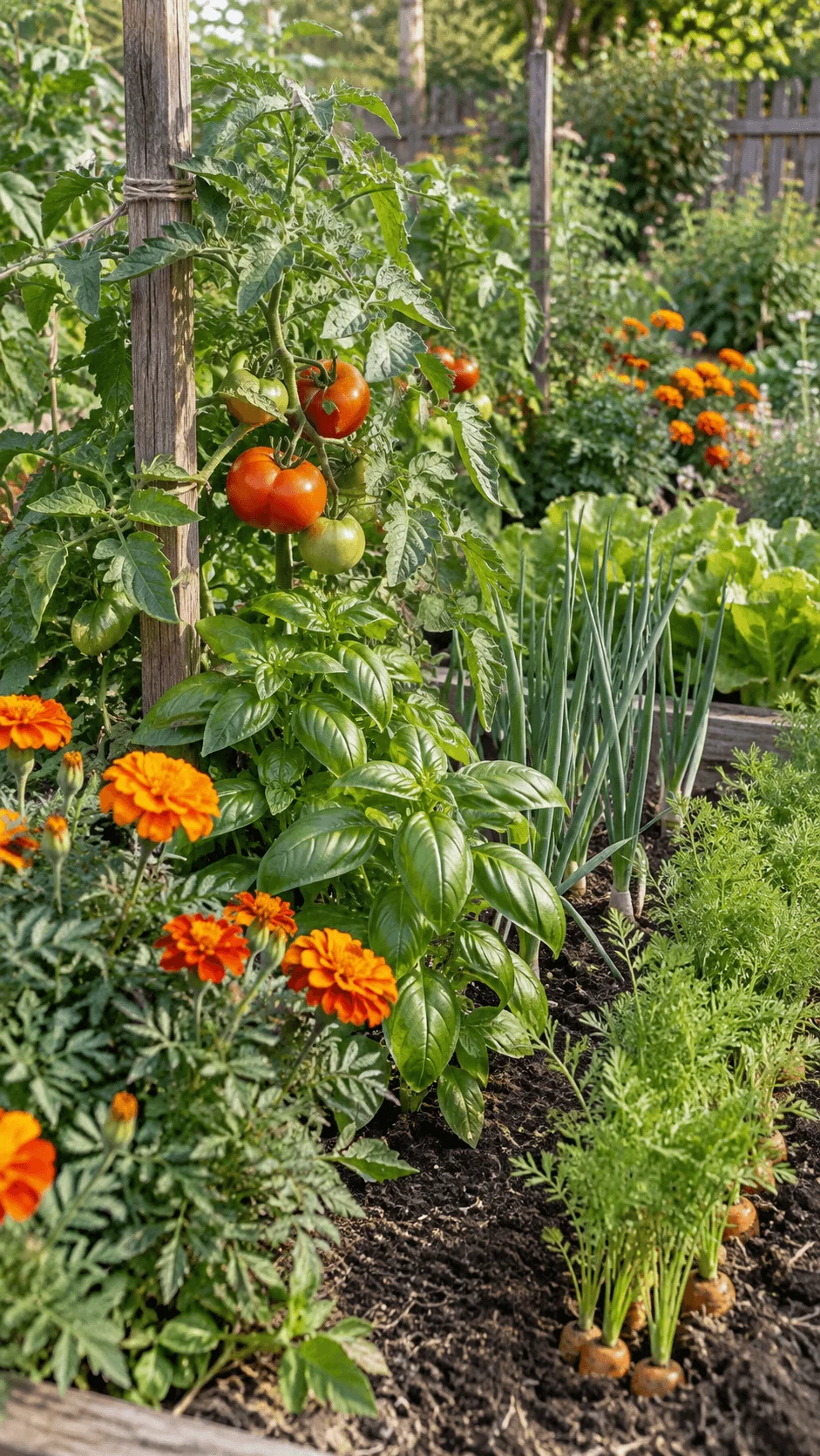 Companion planting vegetable garden with tomatoes, basil, onions, carrots, lettuce, and marigolds growing together in a raised garden bed