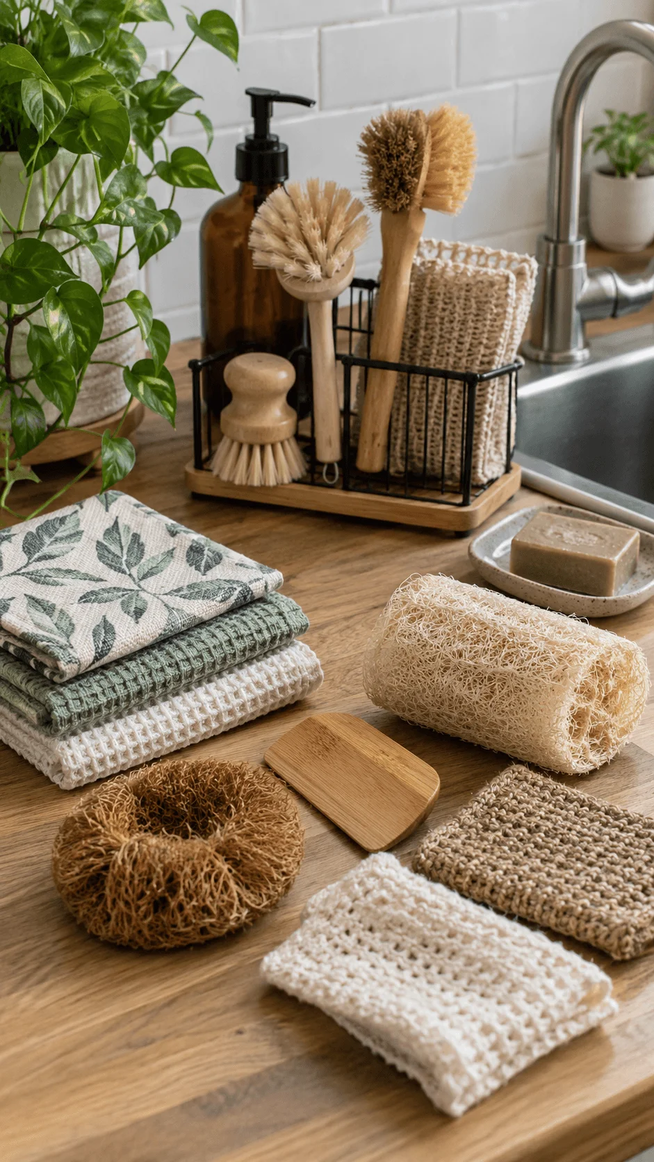 Complete sponge free kitchen cleaning system with reusable cloths natural loofah coconut scrubber wooden dish brushes woven scrubbers and bamboo scraper beside a kitchen sink.