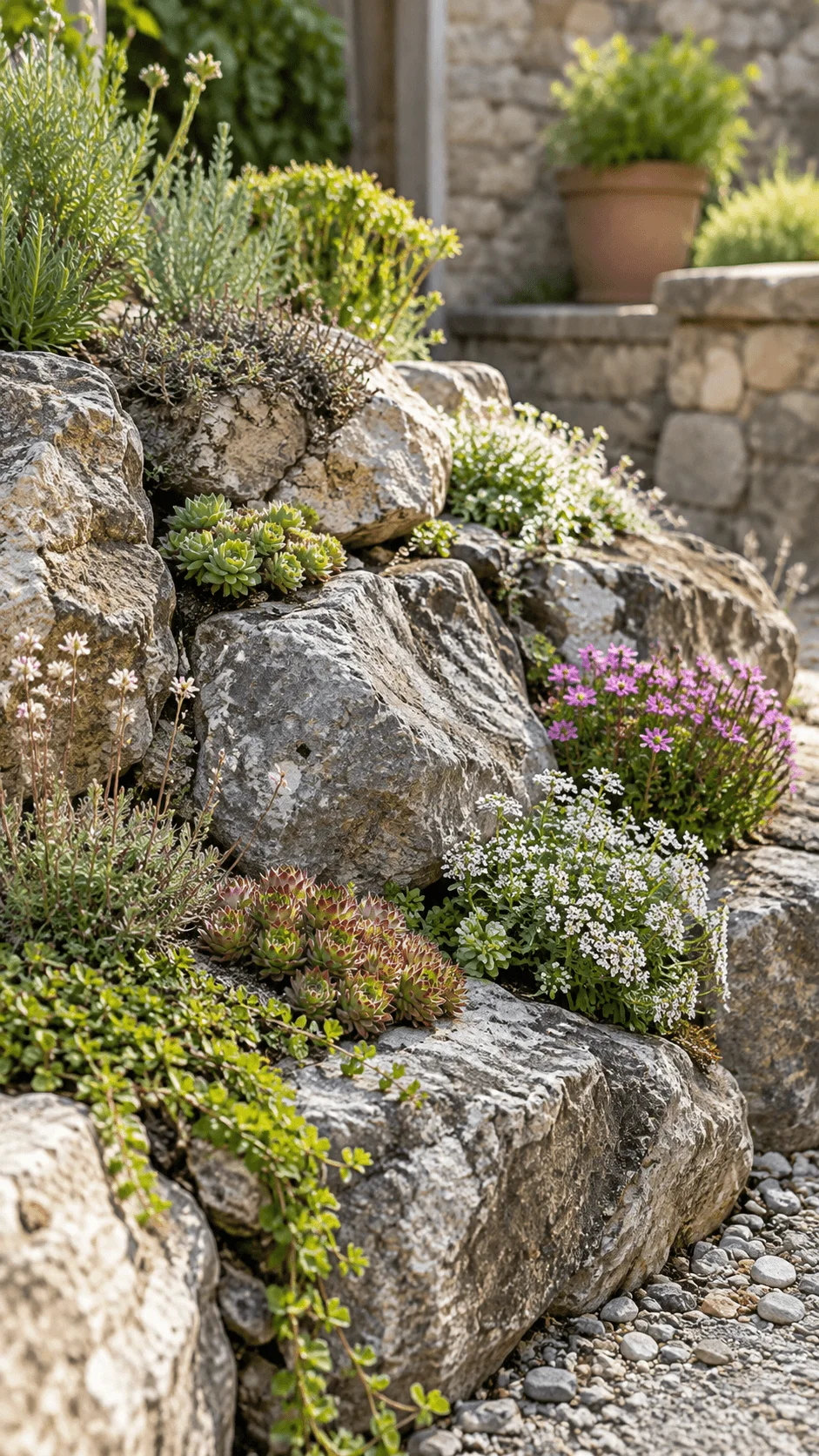 Crevice garden with large natural rocks, drought tolerant succulents, low growing flowering plants and gravel in a sunny landscaped setting
