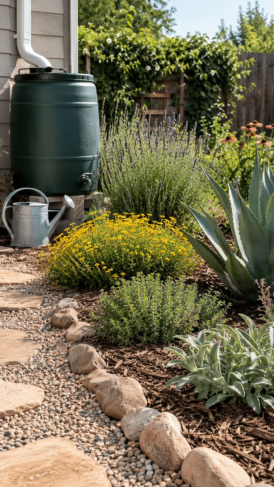 DIY water saving garden with a rain barrel, watering can, drought tolerant plants, gravel path, natural stone edging, and mulch in a sunny backyard
