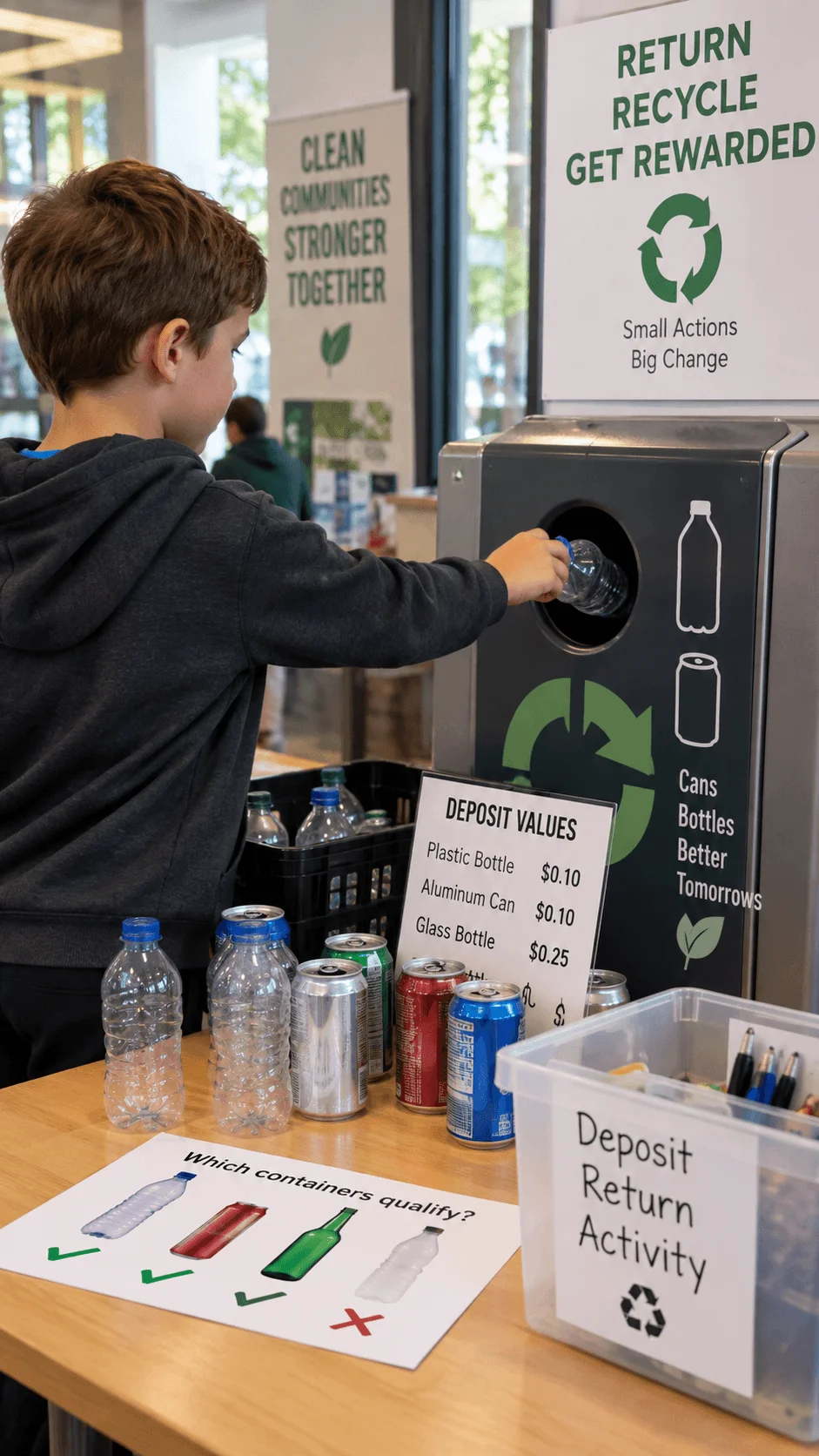 Boy participating in a deposit return recycling activity by returning a plastic bottle to a recycling machine with bottles and aluminum cans displayed for sorting and rewards