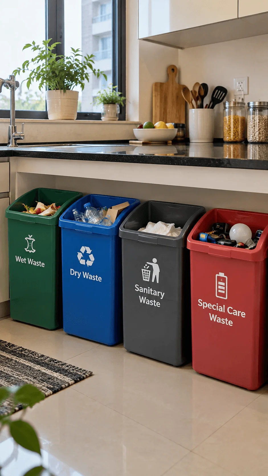 Four stream sustainable waste sorting station in a modern kitchen with separate bins for wet waste dry waste sanitary waste and special care waste