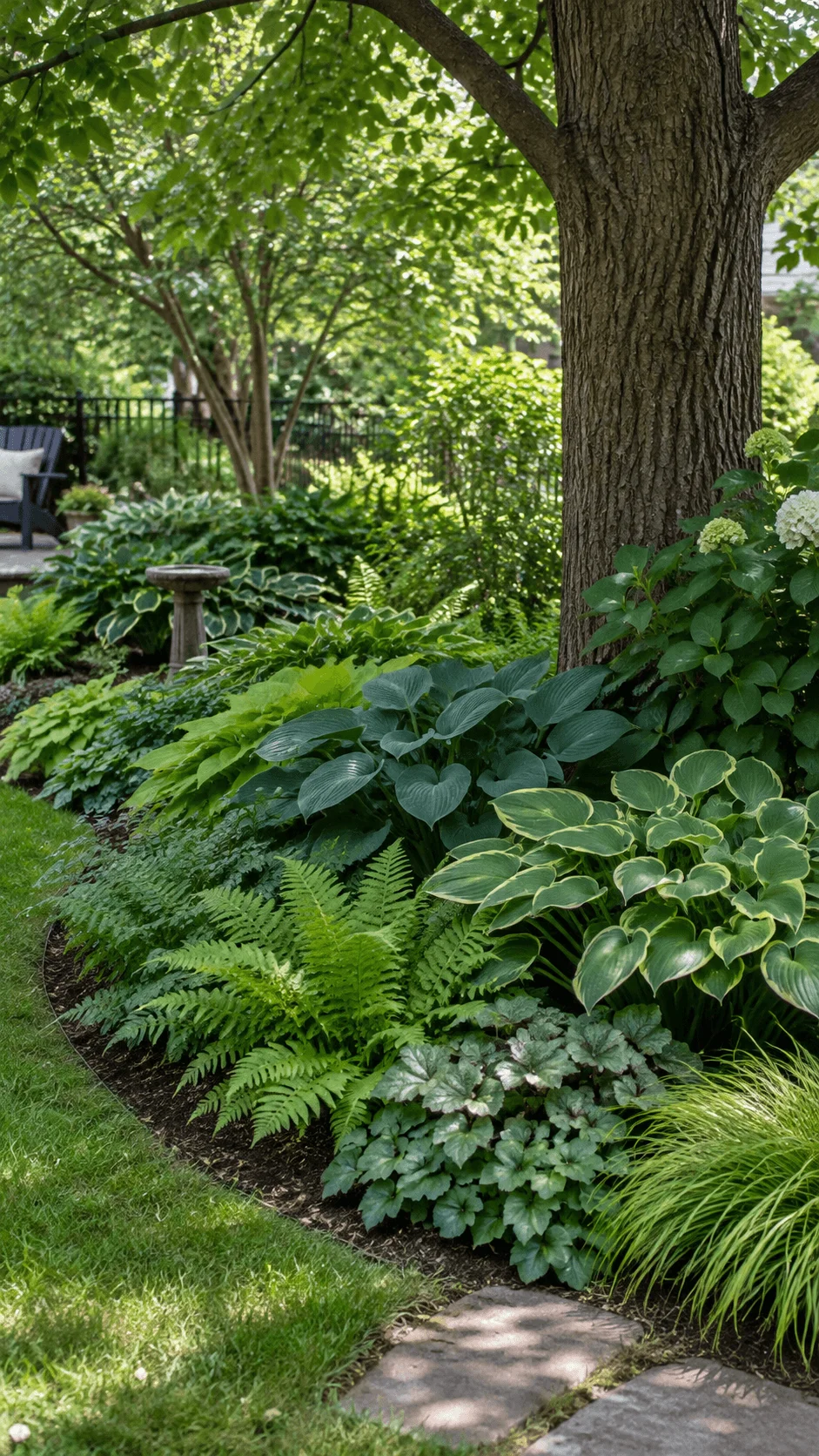 Green on green shade garden beneath a mature tree with hostas ferns ornamental grasses hydrangeas and layered foliage