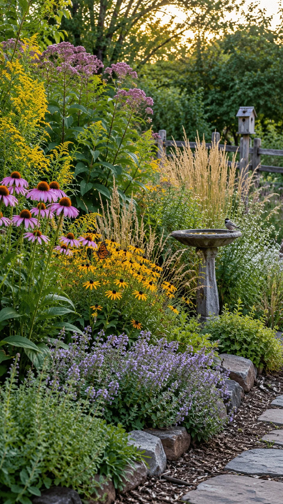 Keystone native plant garden with colorful wildflowers, ornamental grasses, butterfly, birdbath, birdhouse and stone pathway surrounded by lush greenery