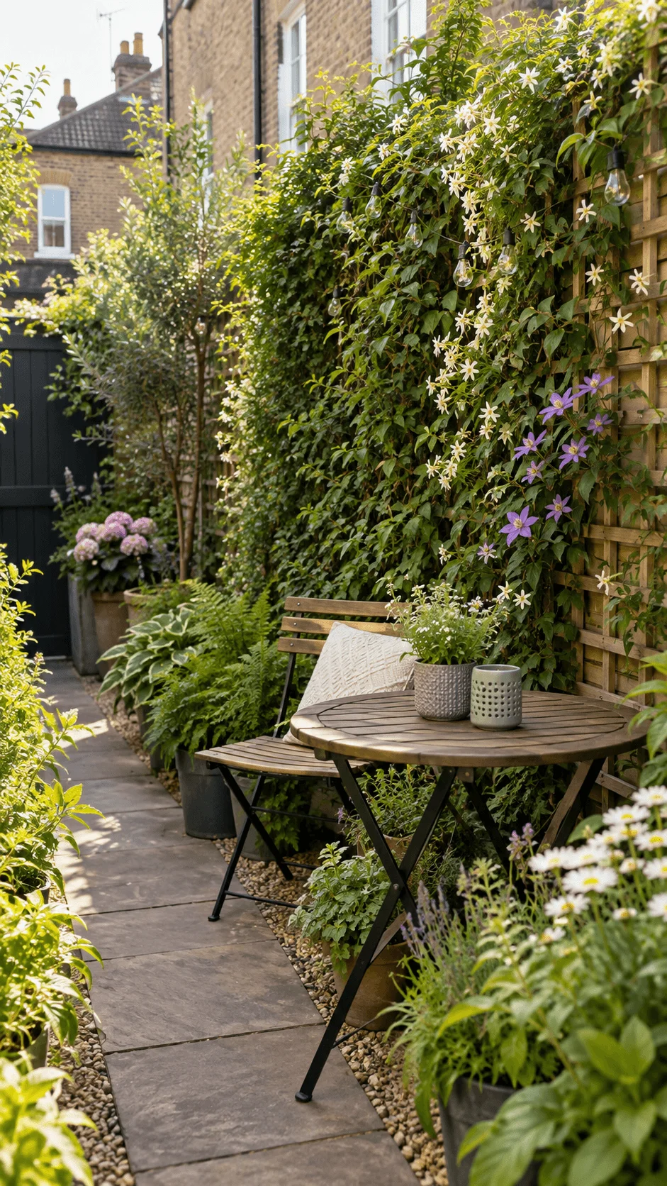 Living privacy screen with flowering climbers on a wooden trellis lush planting and compact outdoor seating in a narrow terraced house garden