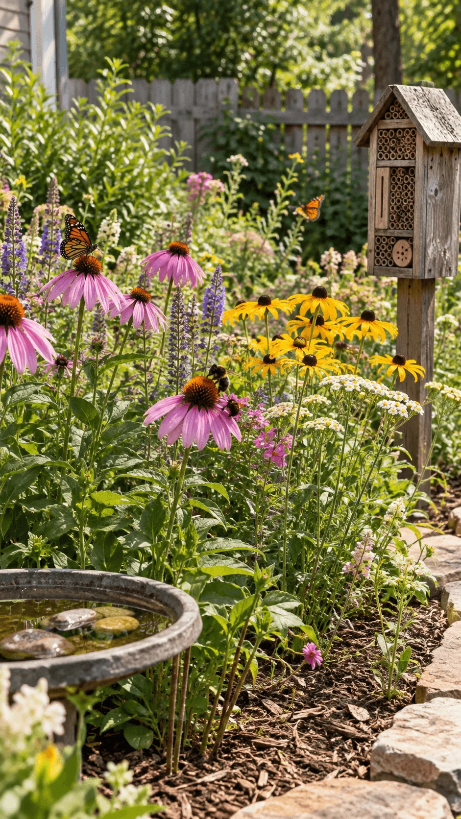 Low cost pollinator garden filled with coneflowers, black eyed Susans, purple blooms, bees, butterflies, a small insect hotel, and a shallow water dish
