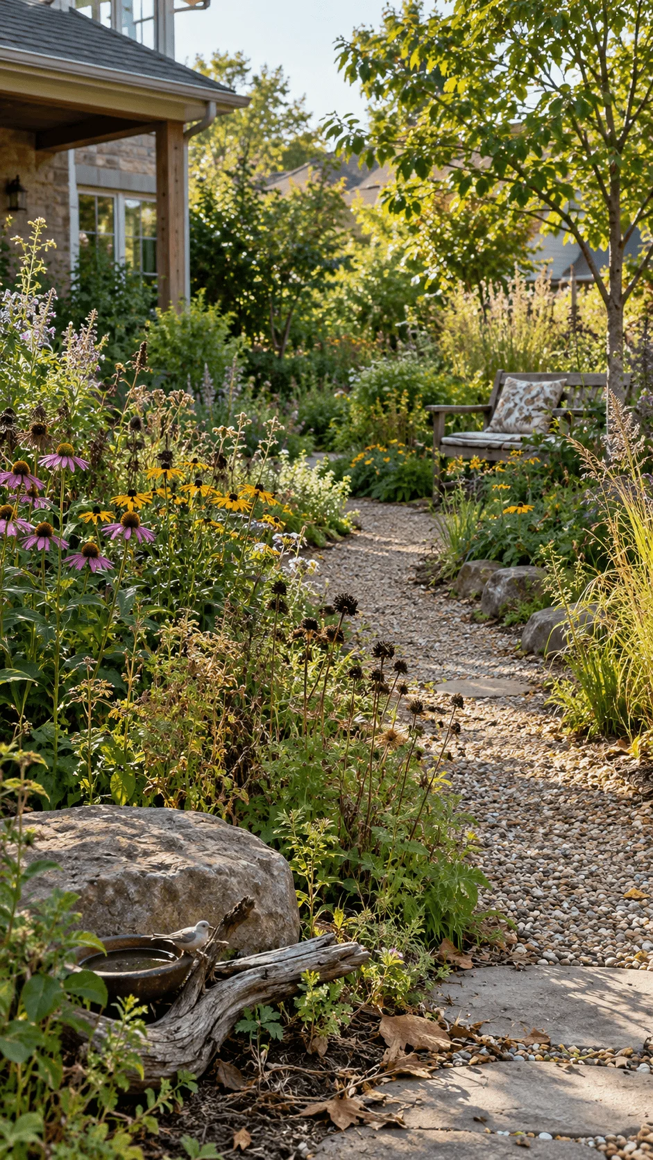 Low maintenance rewilding garden with native wildflowers, ornamental grasses, gravel pathway, natural rocks, fallen wood, bird water dish, and a rustic garden seating area