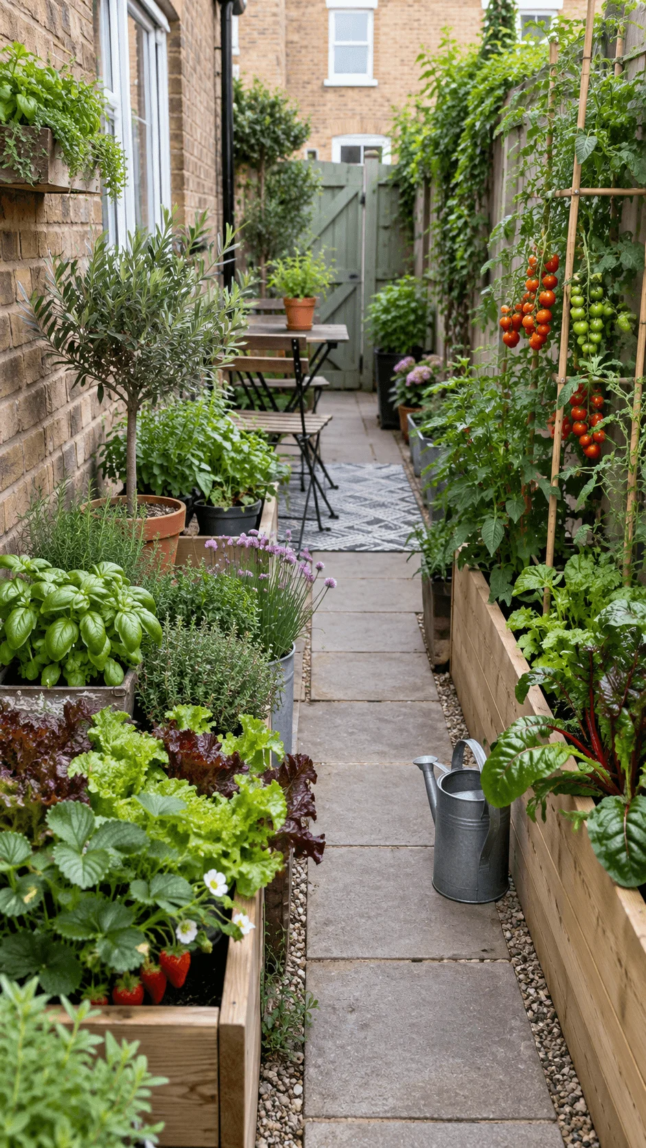 Micro edible garden with raised beds growing tomatoes strawberries lettuce herbs and leafy greens in a narrow terraced house garden