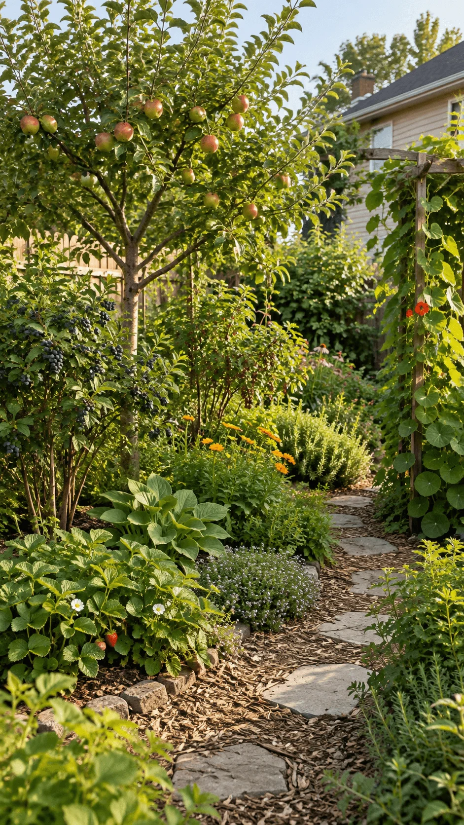 Mini food forest replacing grass with an apple tree berry shrubs strawberries herbs flowering plants climbing vines and a natural stone path