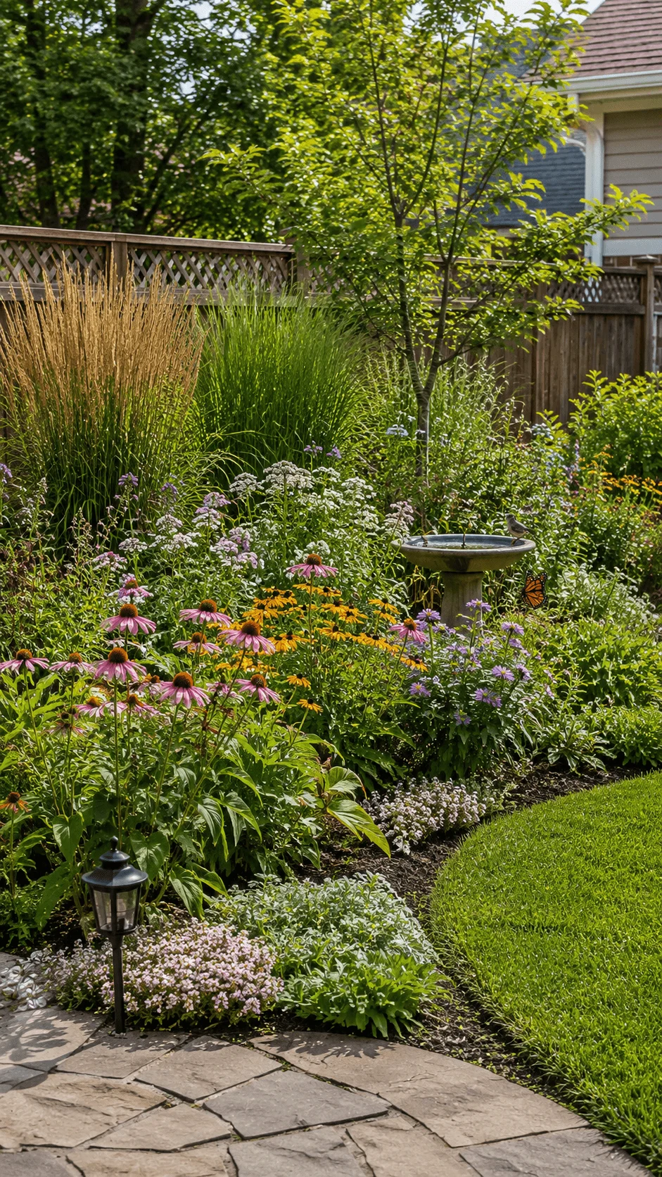 Native plant backyard garden with colorful wildflowers ornamental grasses young tree birdbath butterflies and natural landscaping