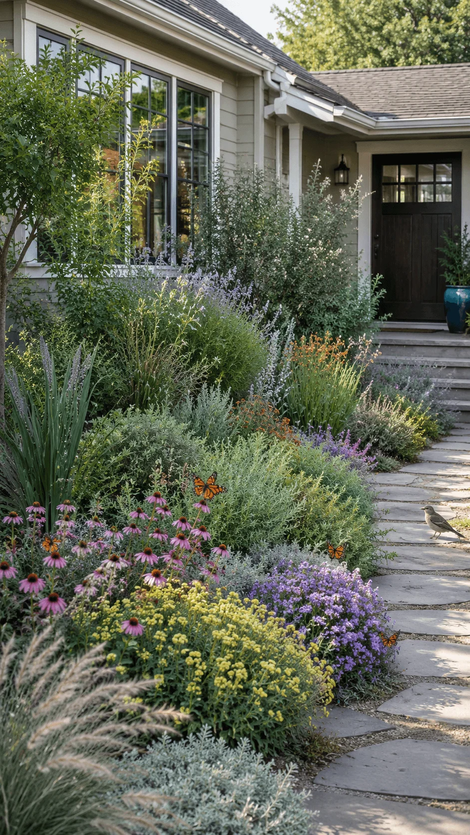 Native plant front garden with colorful wildflowers ornamental grasses butterflies and a stone pathway leading to the house entrance
