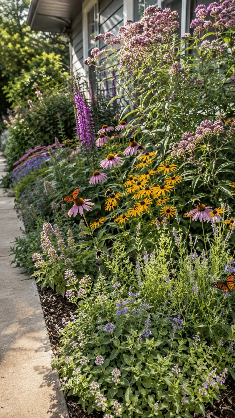 Native plant pollinator garden with purple coneflowers black eyed Susans butterflies and bees beside a home
