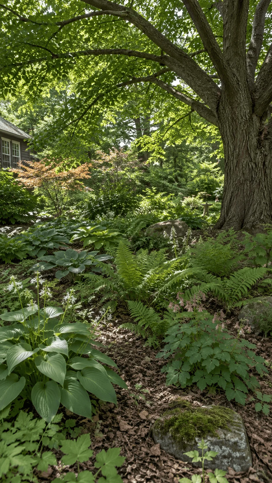 Native woodland garden under a mature tree with hostas ferns flowering shade plants natural leaf litter and moss covered rocks