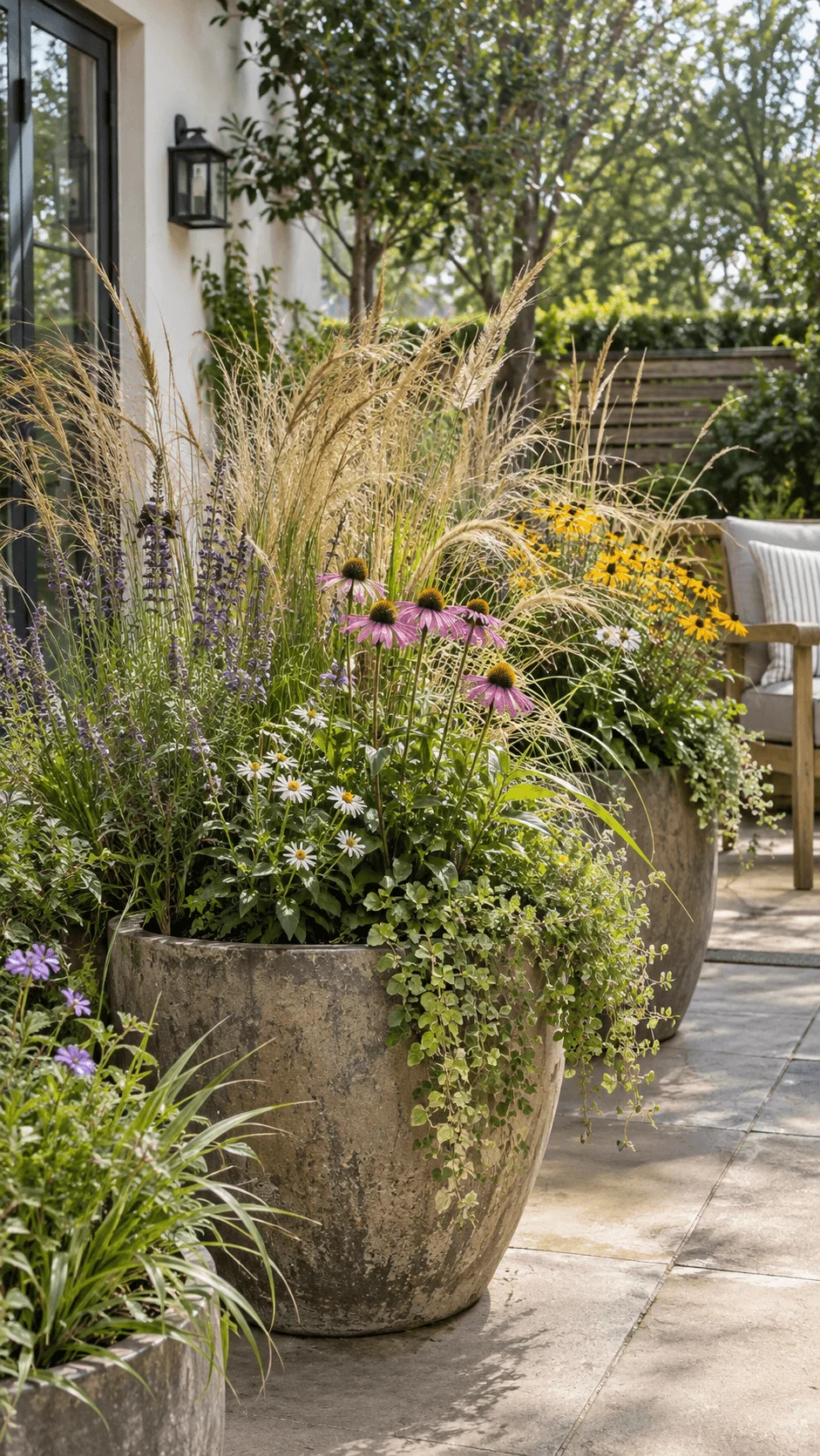 Naturalistic meadow container garden with ornamental grasses purple coneflowers lavender daisies yellow flowers and trailing greenery in large pots on a sunny patio
