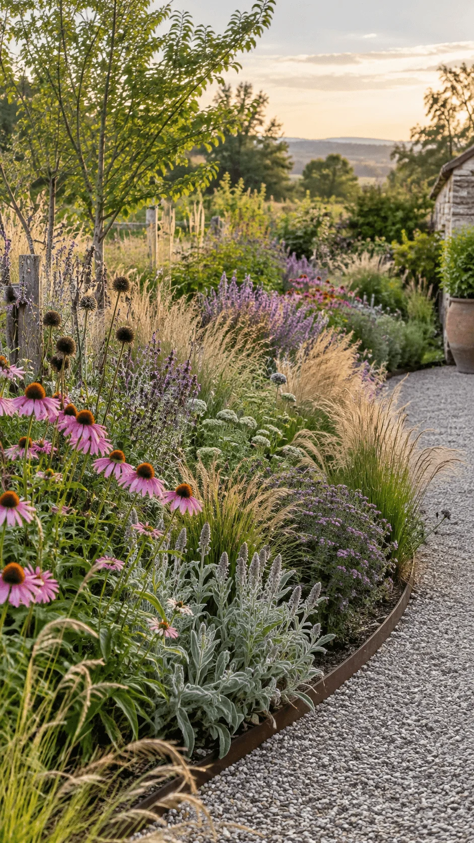 Naturalistic sustainable flower garden with pink coneflowers ornamental grasses purple blooms silver foliage and a curved gravel path at sunset