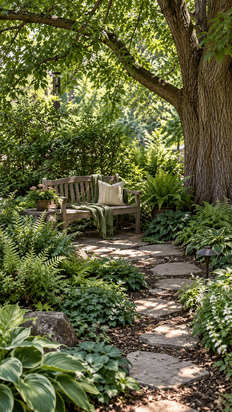 Peaceful woodland seating nook beneath a mature tree with wooden bench stone pathway hostas ferns groundcovers and lush shade planting