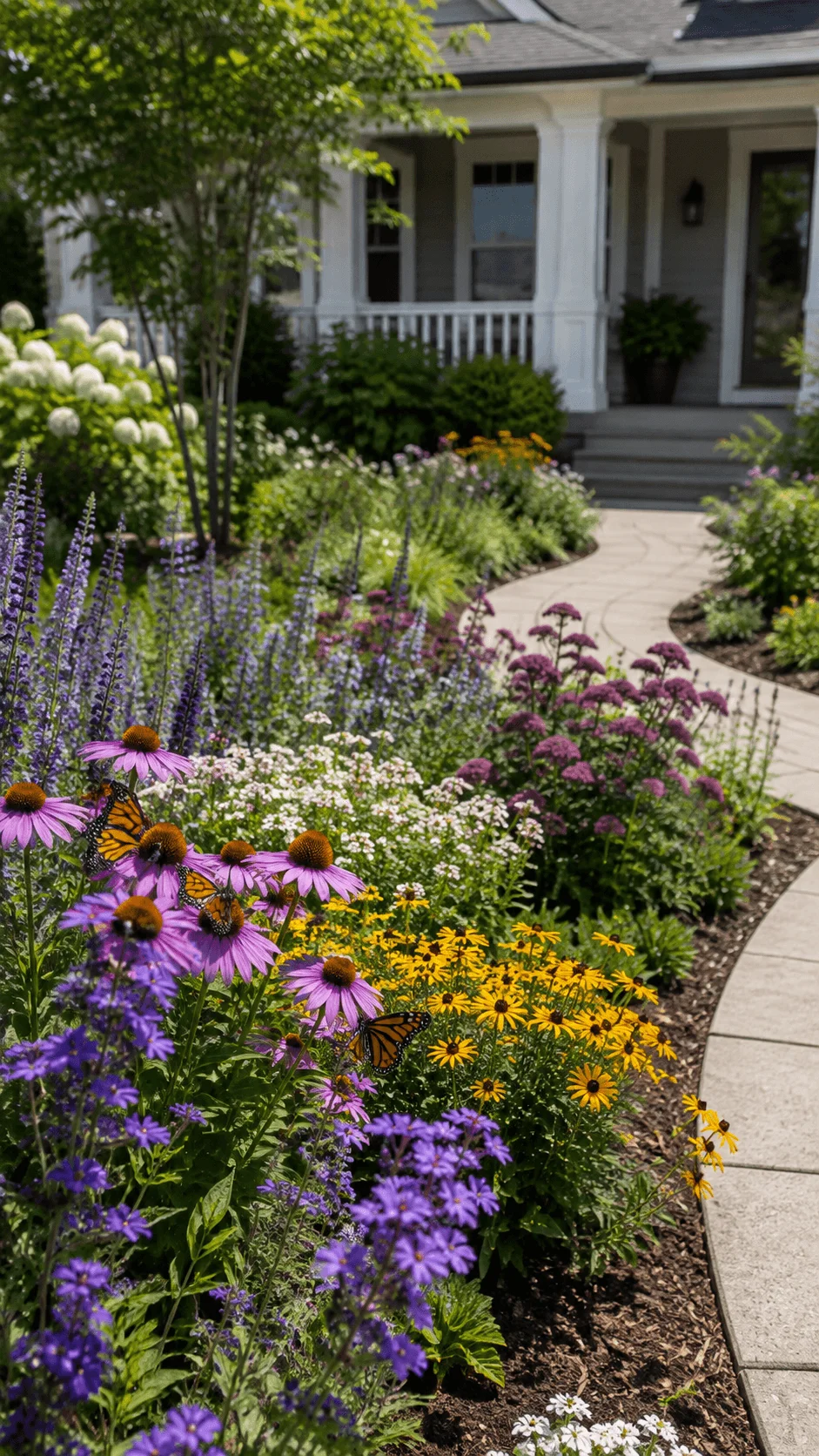 Pollinator friendly front garden with colorful native flowers butterflies lush greenery and a curved pathway leading to the house entrance