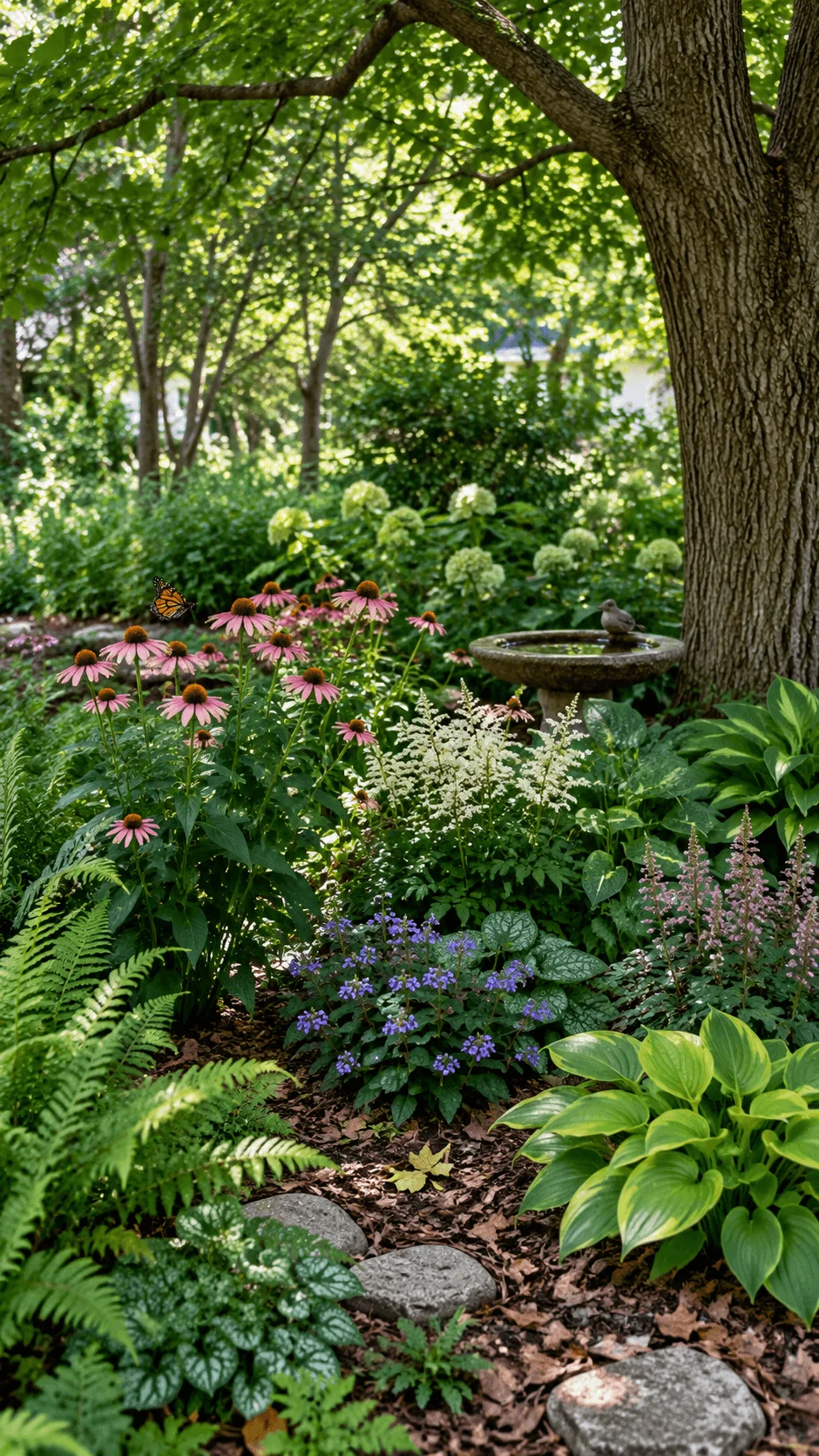 Pollinator friendly shade garden beneath a mature tree with pink coneflowers hostas ferns flowering plants butterfly birdbath and lush woodland foliage