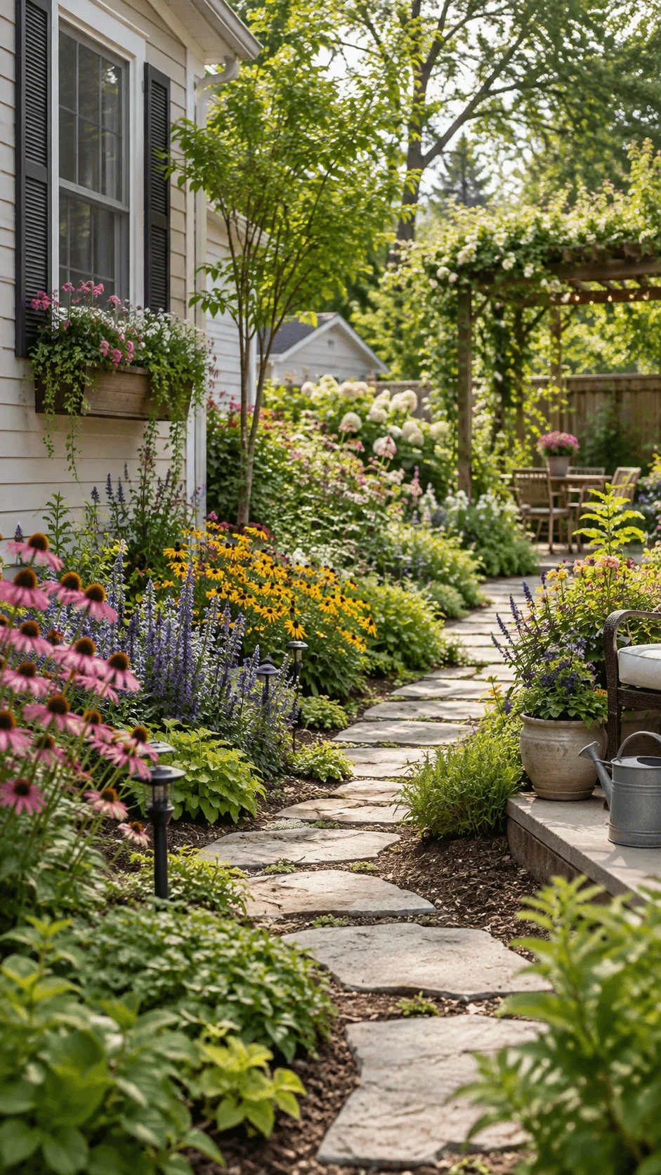 Pollinator pathway garden with colorful flowering plants, lush greenery, stone walkway, patio seating and a watering can beside a suburban home