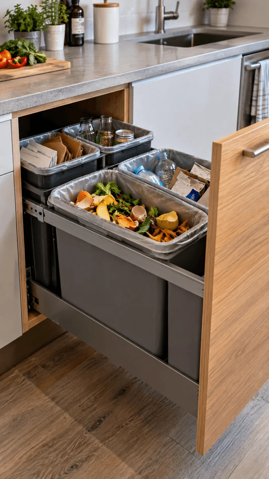 Pull out kitchen waste sorting system with separate compartments for food scraps paper glass bottles plastic containers and recyclable materials