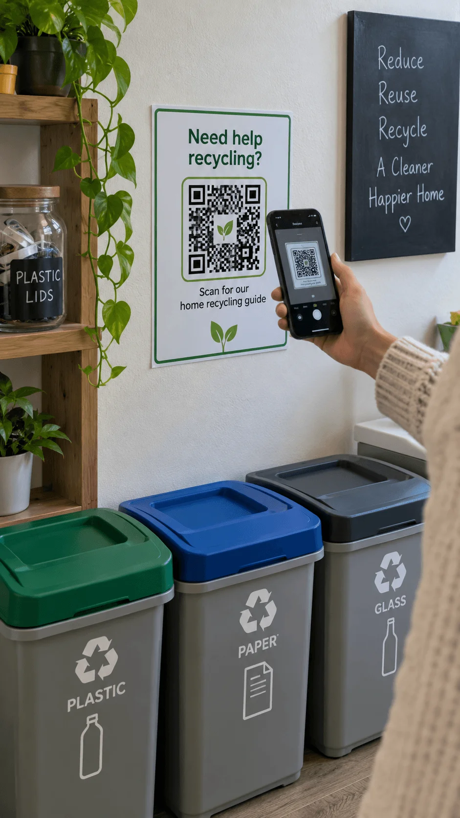 Person scanning a QR code recycling guide with a smartphone beside labeled plastic paper and glass recycling bins in a sustainable home.