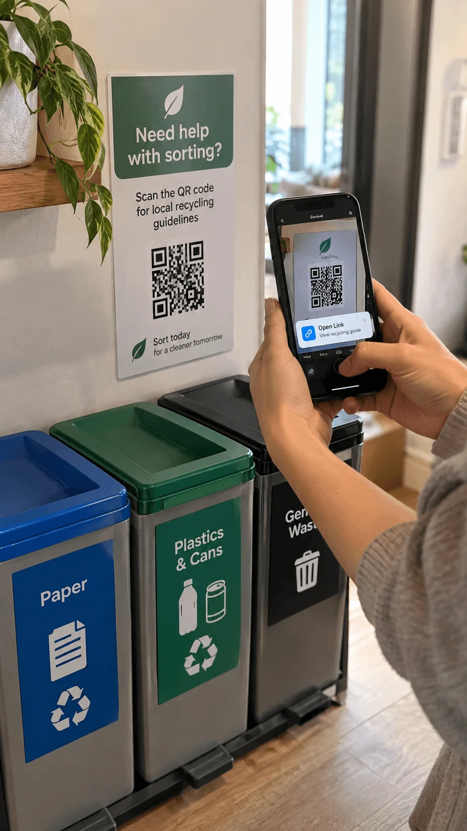 QR code home waste sorting station with labeled recycling bins and a person scanning local recycling guidelines on a smartphone