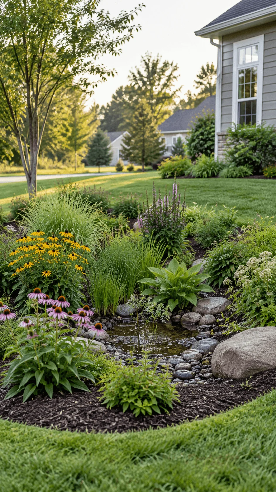 Rain garden as a natural lawn alternative featuring native flowering plants ornamental grasses smooth rocks and a shallow water basin designed to collect rainwater