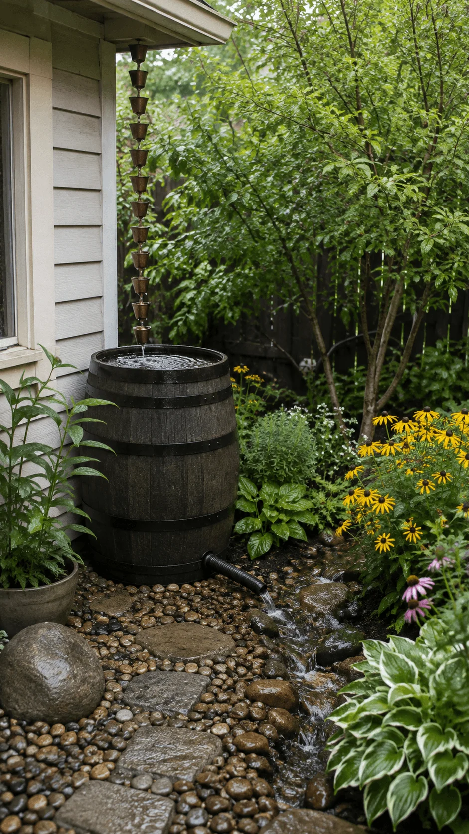 Rainwater harvesting corner with rain barrel rain chain stone pathway native flowers and lush backyard plants