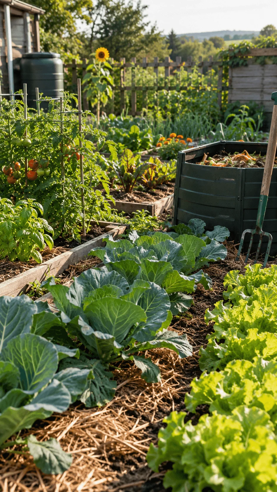 Regenerative vegetable garden with cabbage, lettuce, tomatoes, basil, straw mulch, compost bin, rain barrel, sunflowers, and garden tools