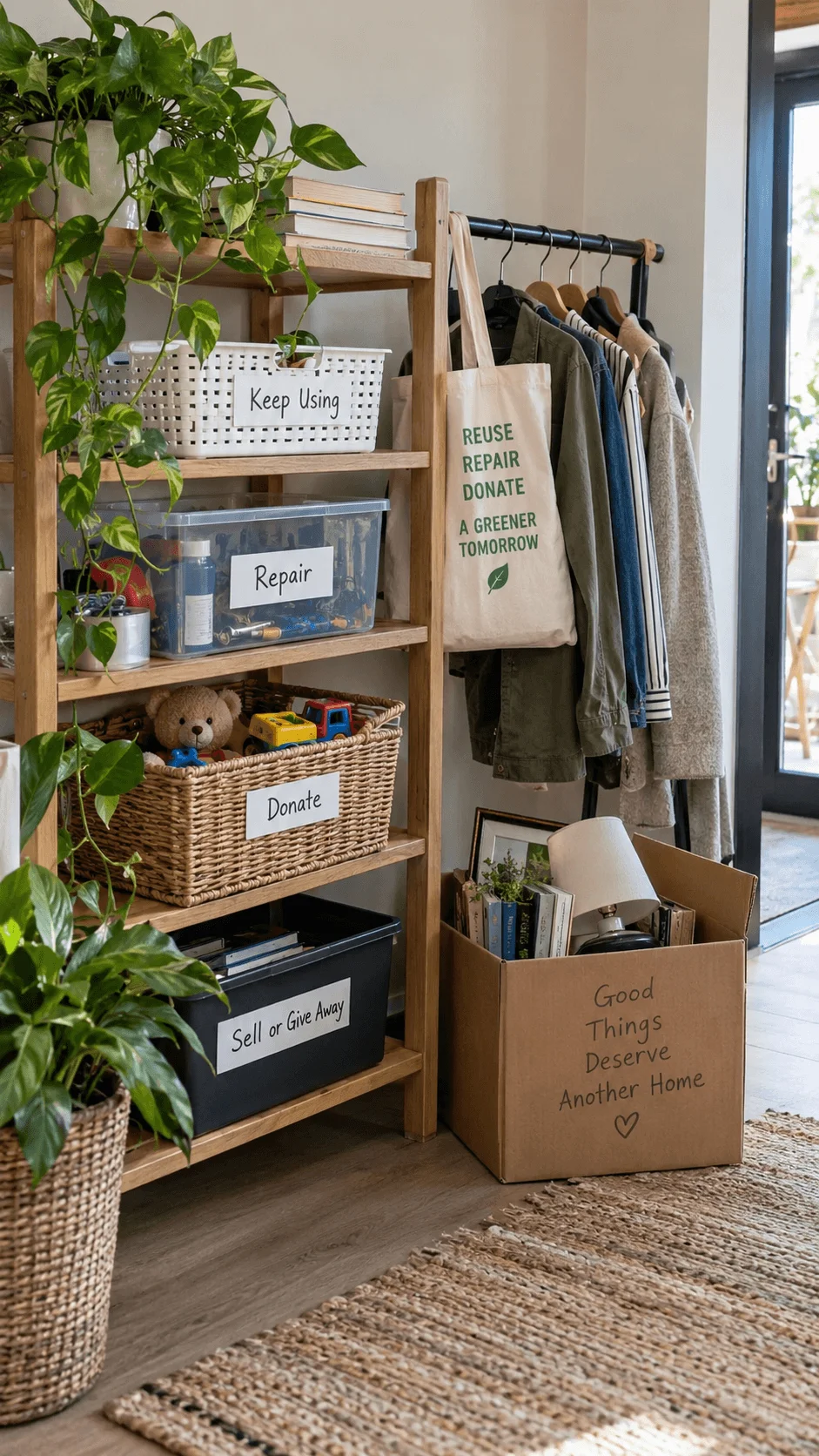 Organized home reuse repair and donation station with labeled baskets and boxes for keeping repairing donating selling or giving away useful household items and clothing