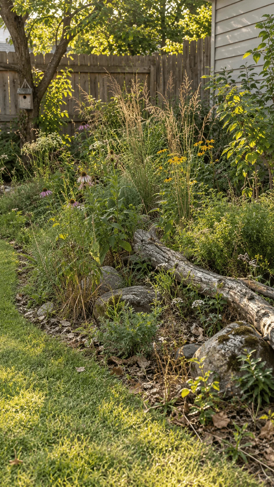Rewilded garden corner with native wildflowers, tall grasses, natural logs, rocks, leaf litter, and a birdhouse in a sunny backyard