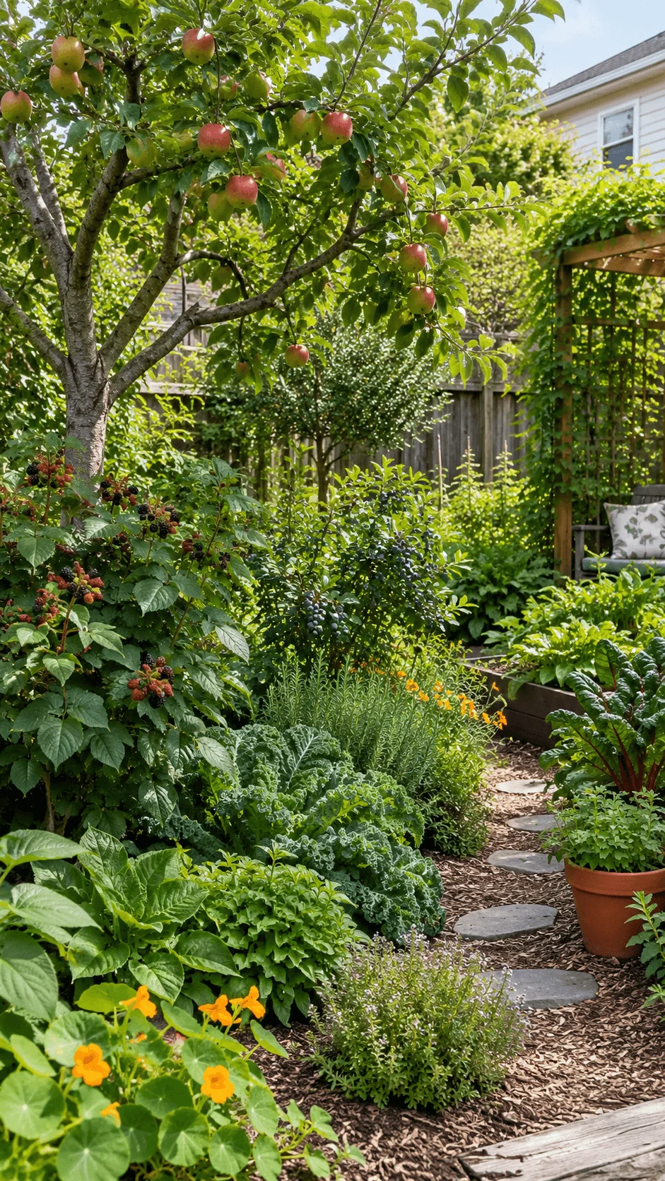 Small backyard food forest with apple tree, berry bushes, herbs, leafy vegetables, edible flowers, ground covers and a natural garden path