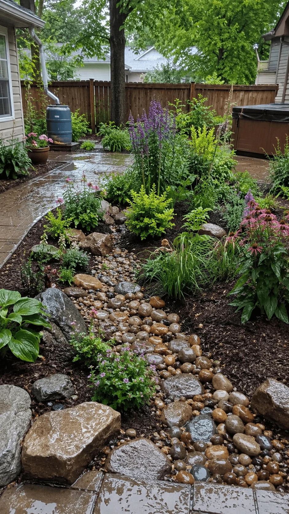 Small backyard rain garden with native flowers wet stones natural drainage channel and lush water tolerant plants