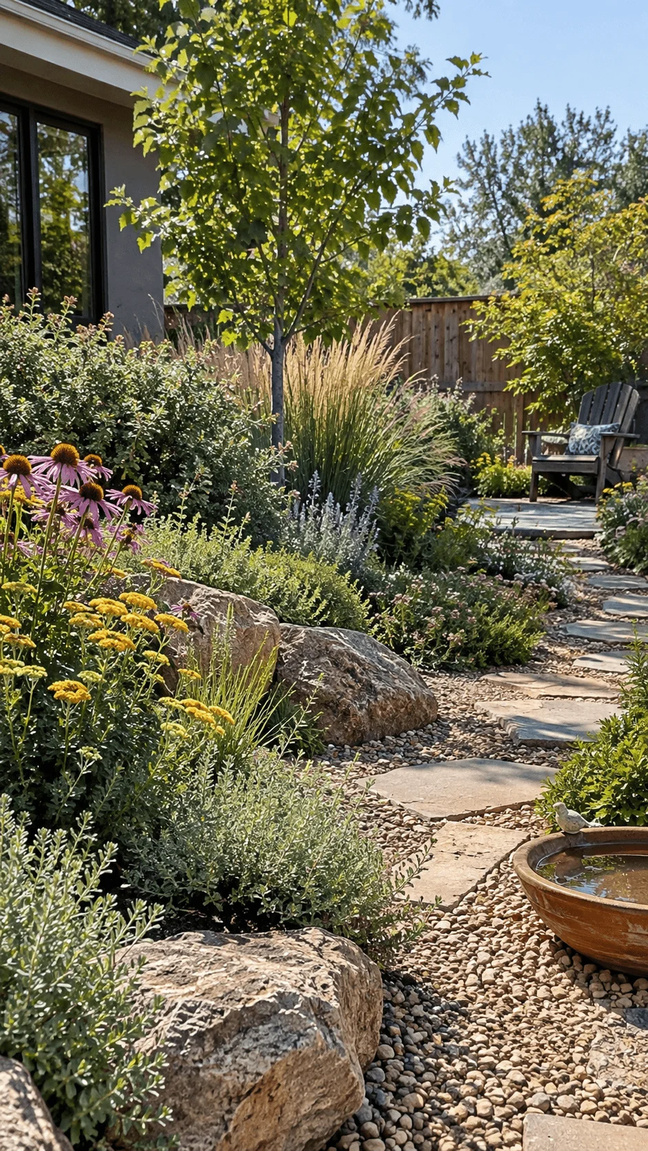 Small climate resilient garden with drought tolerant flowers, ornamental grasses, native shrubs, shade trees, natural rocks, gravel, and a stone pathway