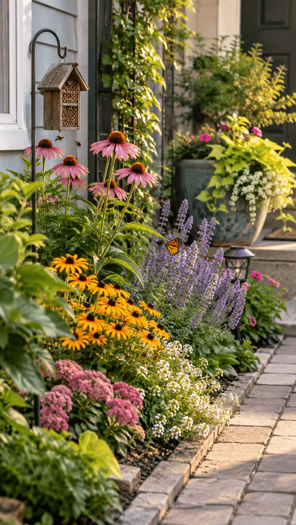 Small eco friendly pollinator pocket garden with pink coneflowers black eyed Susans purple salvia white flowers butterflies a bee hotel and a narrow brick path