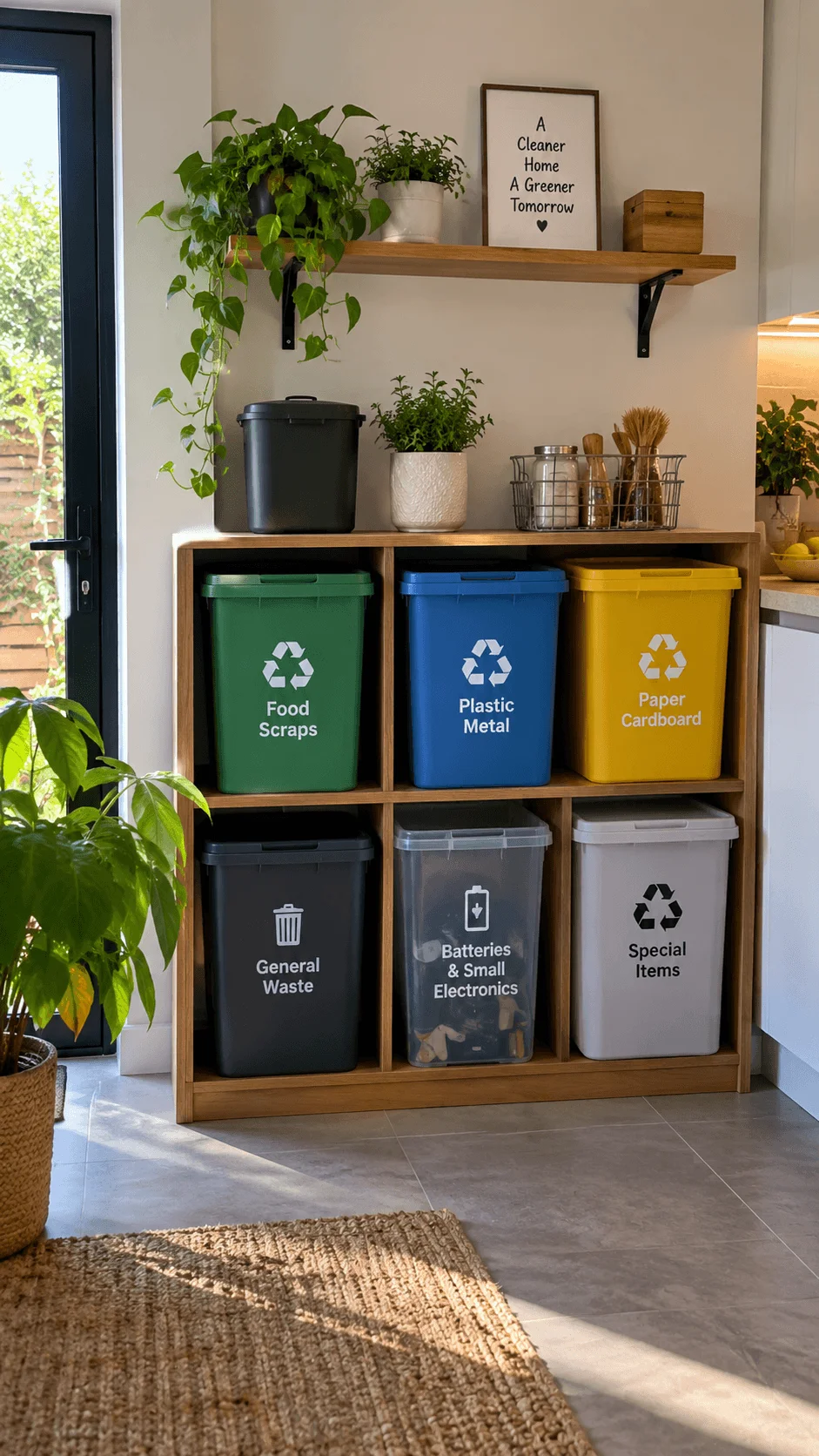 Smart home waste sorting station with separate labeled bins for food scraps plastic metal paper cardboard general waste batteries small electronics and special items in a bright organized kitchen