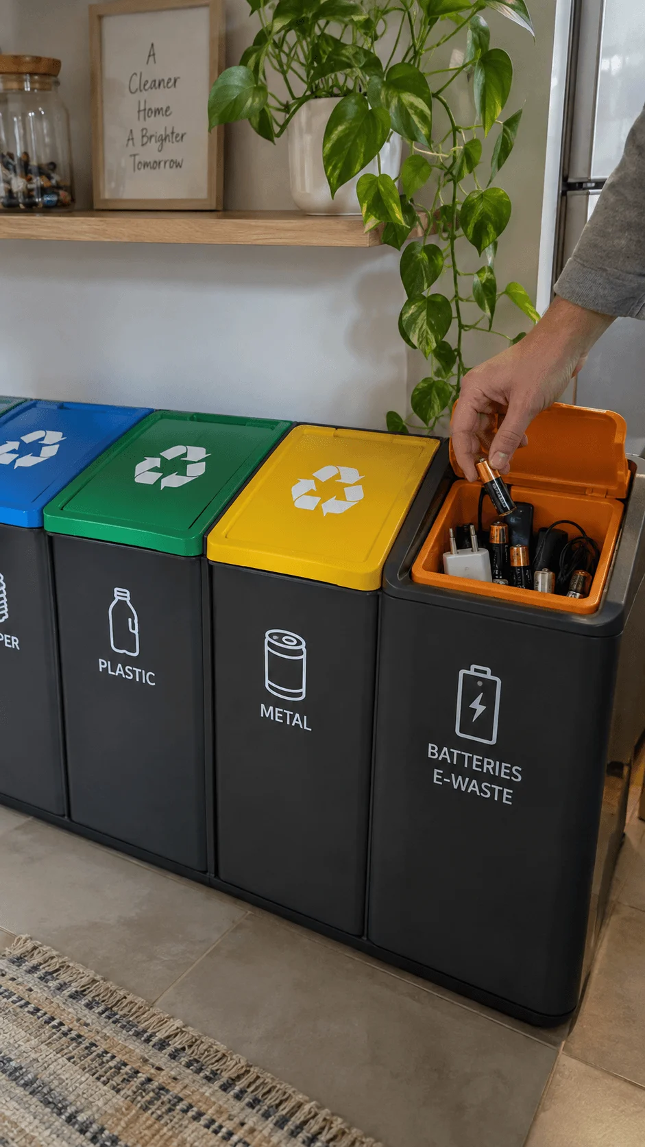 Dedicated battery and e waste sorting compartment with used batteries chargers cables and small electronics beside separate paper plastic and metal recycling bins