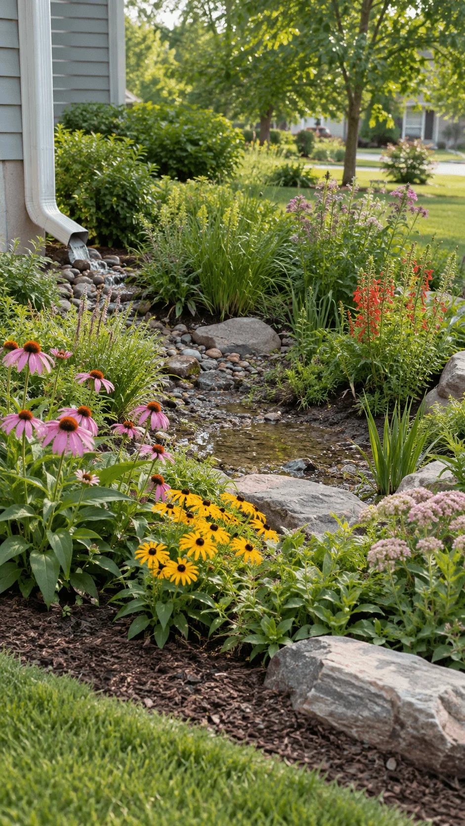 Sustainable flower filled rain garden with pink coneflowers black eyed Susans moisture tolerant plants natural rocks and rainwater flowing from a house downspout