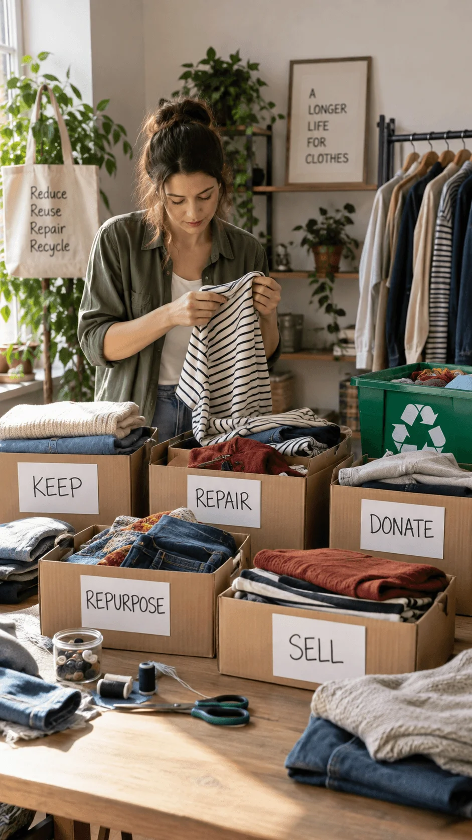 Woman sorting clothes into boxes for keeping repairing donating repurposing and selling to support textile reuse and recycling