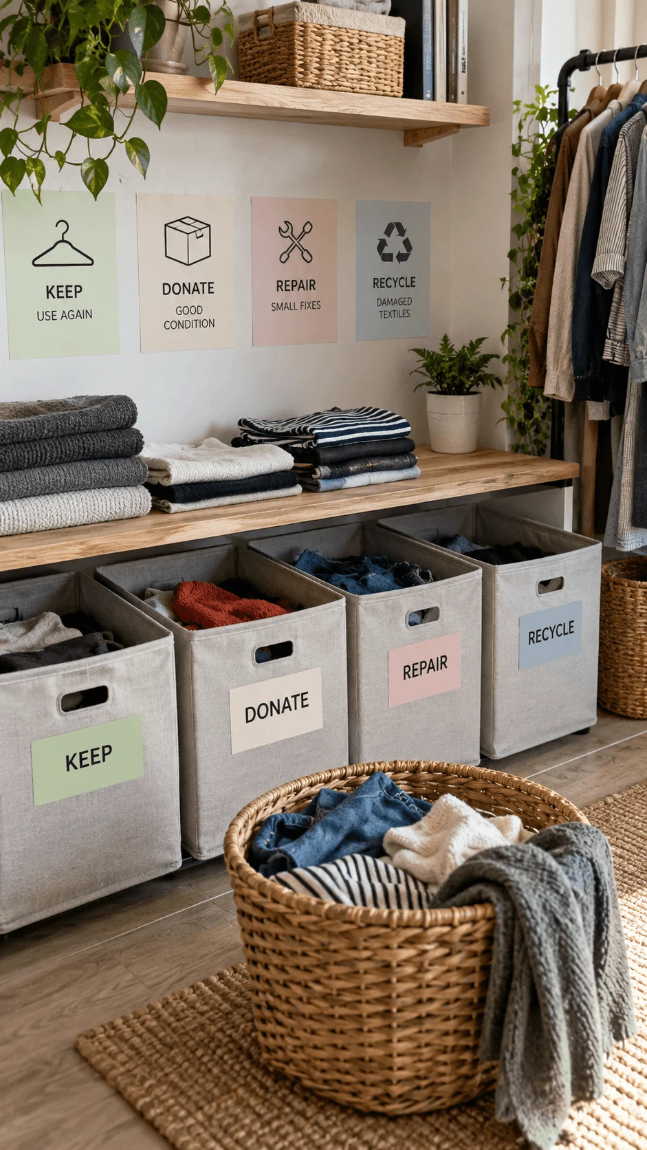 Textile sorting and clothing recycling zone with labeled bins for keeping donating repairing and recycling unwanted clothes in an organized sustainable home.