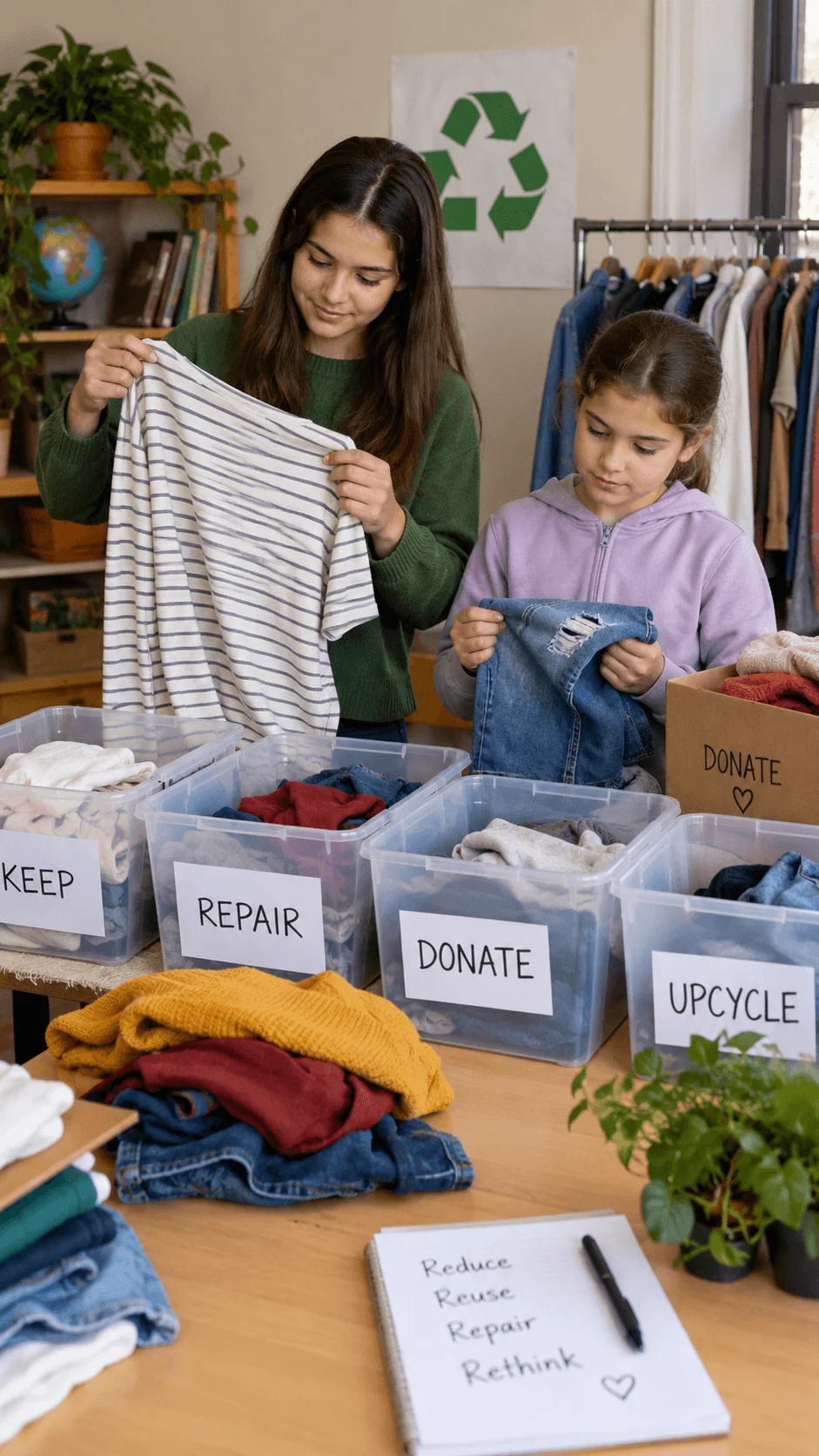 Students sorting old clothes into keep repair donate and upcycle categories during a textile waste sorting activity focused on reuse and sustainable clothing choices
