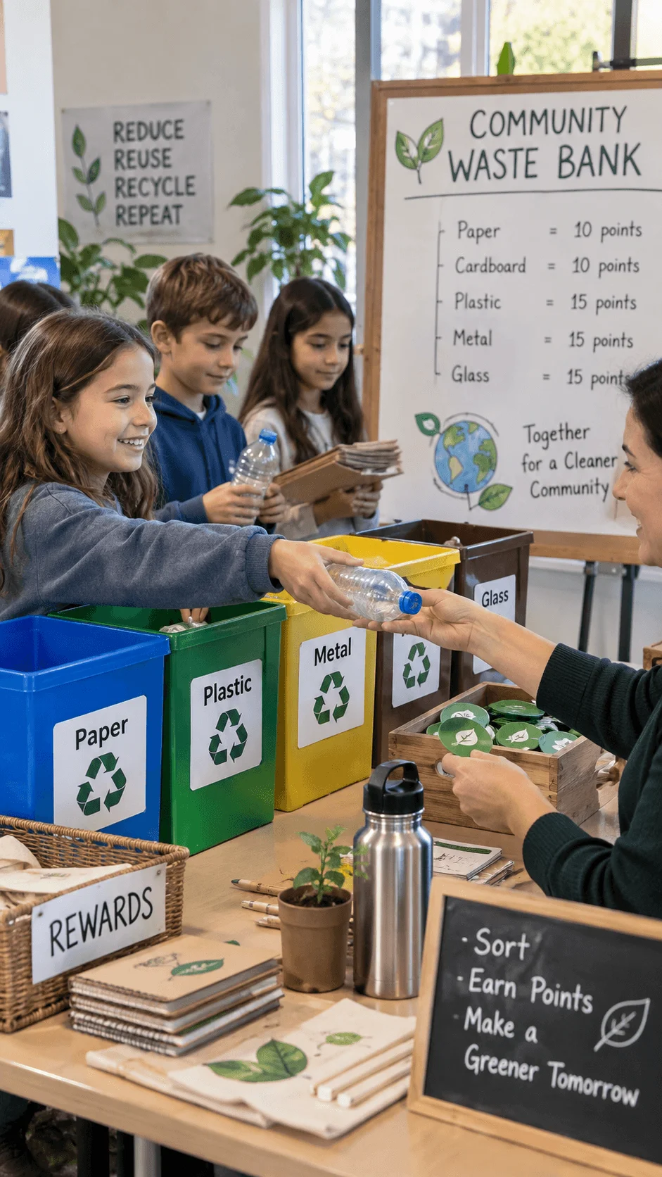 Children participating in a waste sorting reward activity by separating paper plastic metal and glass recyclables to earn points at a community waste bank
