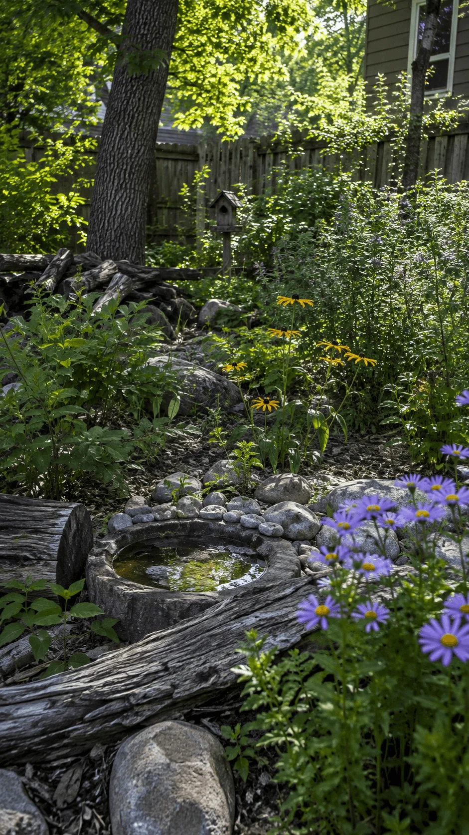Wildlife friendly backyard habitat with native flowers fallen logs natural stones shallow water feature birdhouse and shaded woodland plants