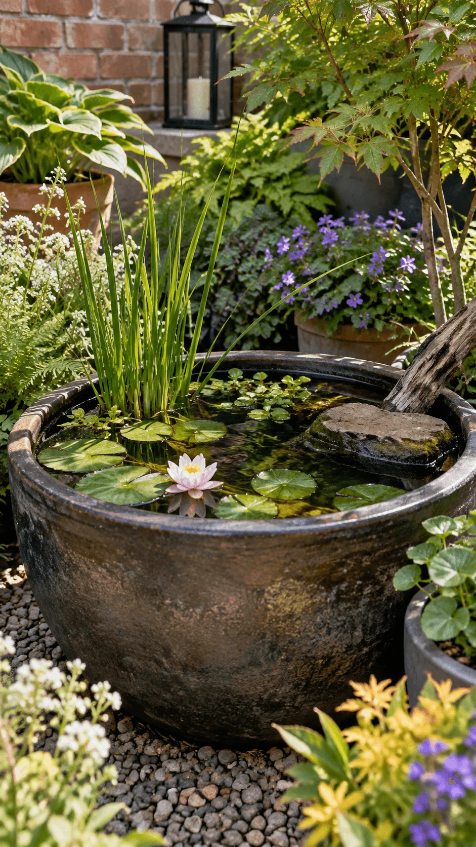 Wildlife friendly container pond with water lily aquatic grasses floating plants and a safe wildlife escape ramp surrounded by lush garden plants