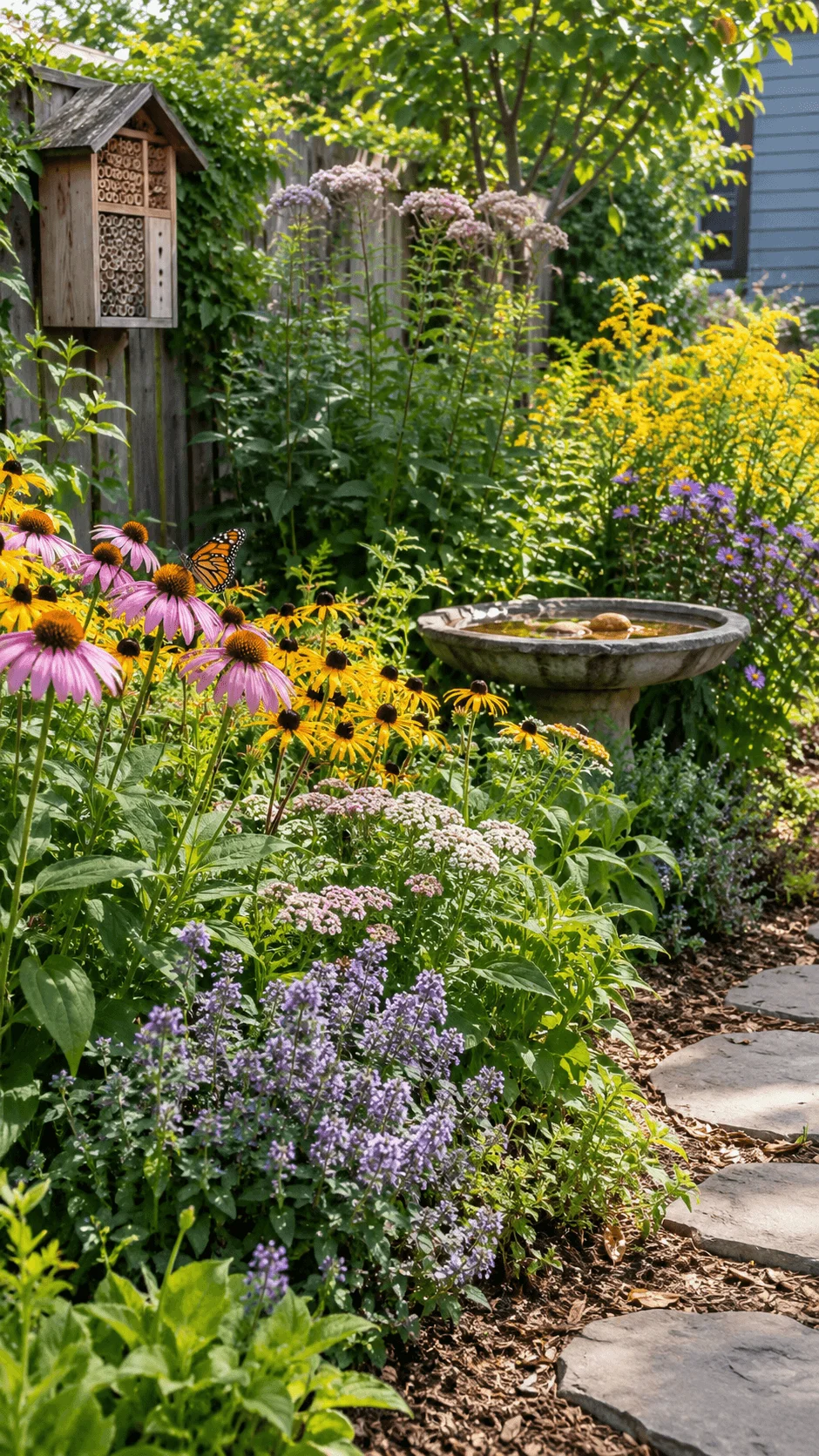 Wildlife friendly flower garden with pink coneflowers black eyed Susans purple flowers goldenrod a butterfly insect hotel birdbath and natural stone path