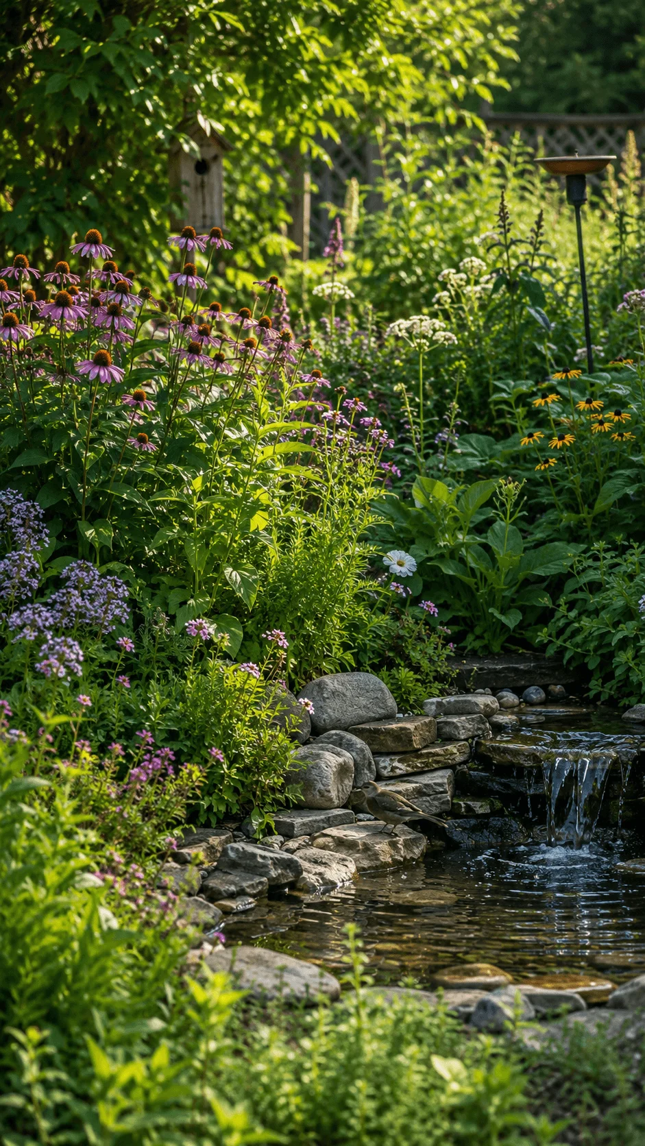 Wildlife friendly garden with native flowers pond birdhouse birdbath and lush plants supporting birds and pollinators