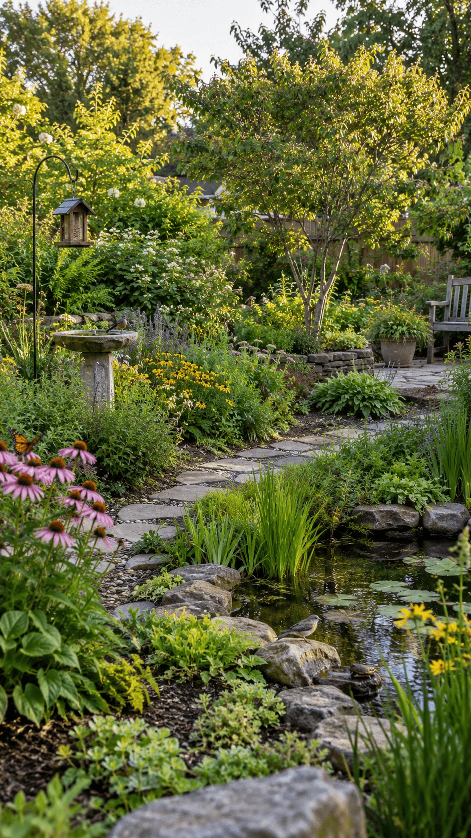 Wildlife garden without grass featuring native flowers a small pond bird bath bird feeder natural stone path layered greenery and a peaceful seating area