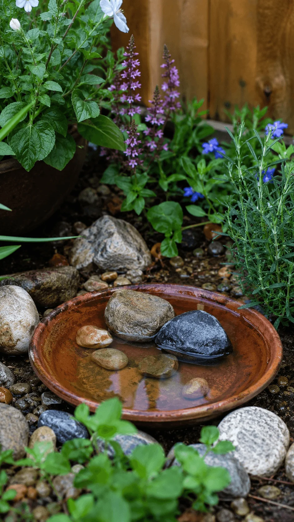 Wildlife hydration station with a shallow terracotta water dish smooth stones and surrounding flowering plants in a small garden