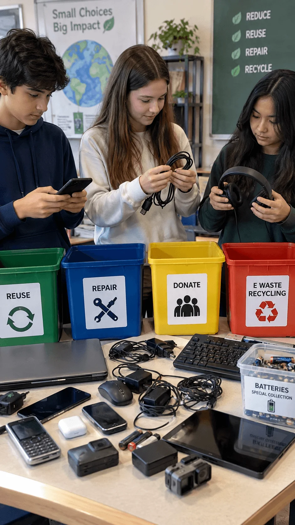 Students sorting old electronics into reuse repair donation and e waste recycling categories with phones cables headphones batteries and computer accessories on a classroom table