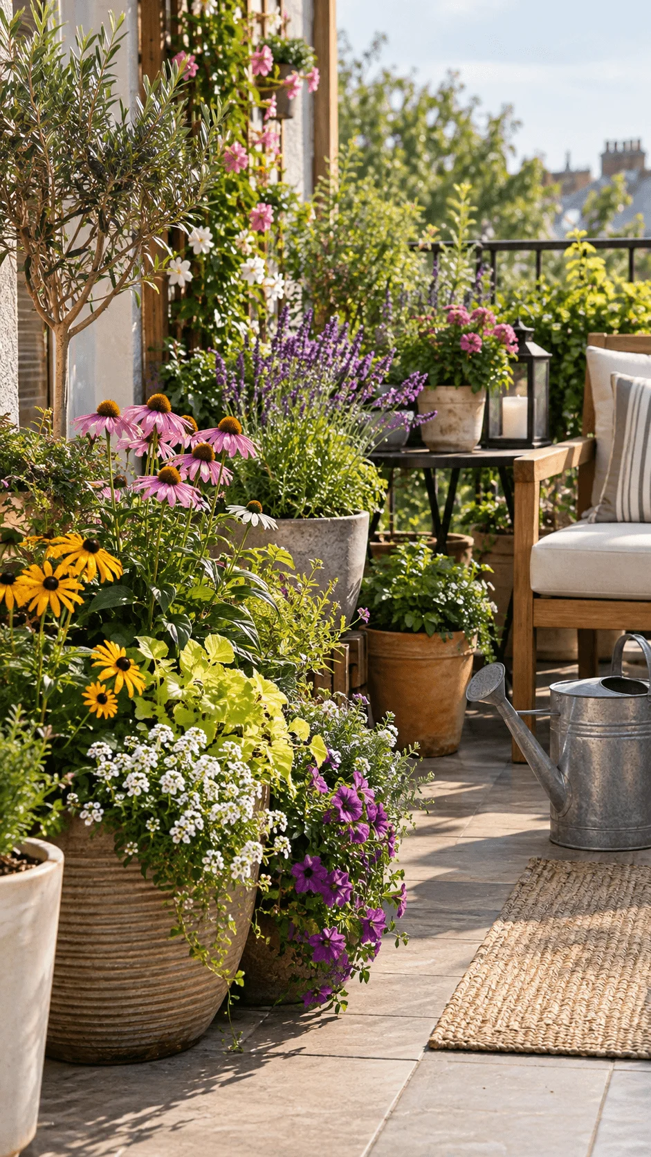 Eco friendly container flower garden on a sunny patio with pink coneflowers black eyed Susans purple blooms white flowers potted greenery a watering can and comfortable outdoor seating